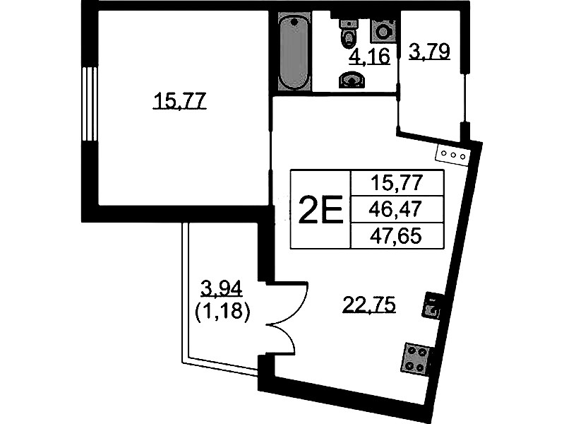 1-комнатная квартира 47.65 м², 9/9 эт., ЖК «Бакунина 33»